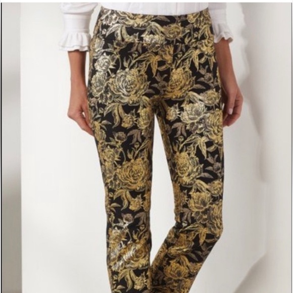 Soft Surroundings Pants - Soft Surroundings Black and Gold Patterned Ankle Pants, Small Petite